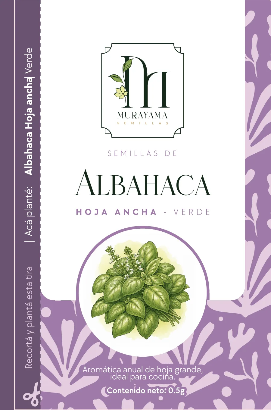 Sobre de semillas Murayama, línea Aromáticas: Albahaca Hoja Ancha